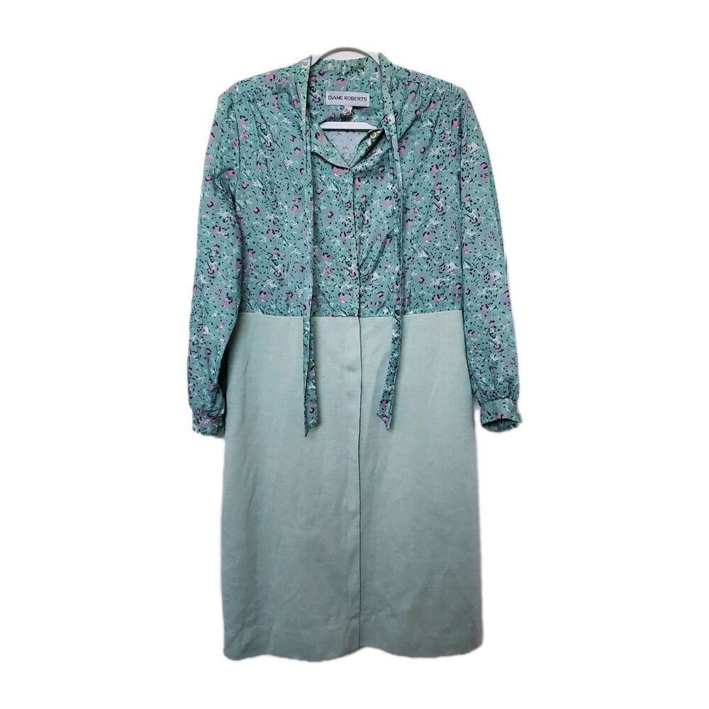 Vtg 1970s-80s DIANE ROBERTS Mint Green Pink Secretary Dress Lg? Waist 36 Modest